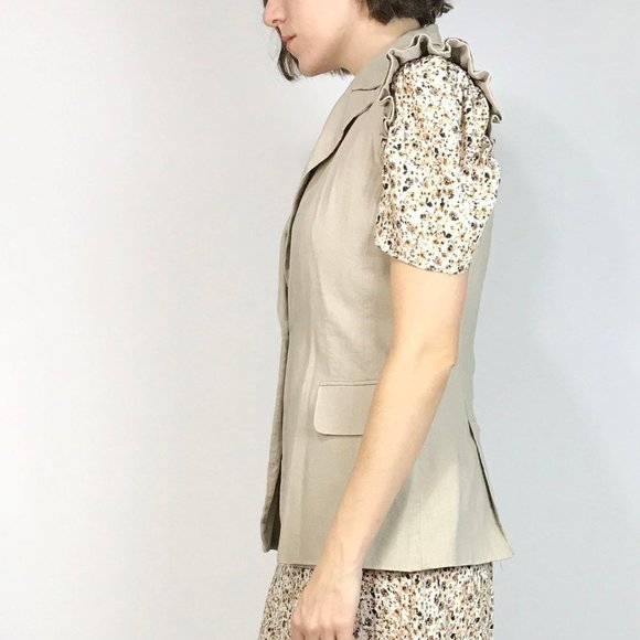Khaki LINEN Button up Vest with FRILL Shoulders! Small to Medium - Picture 2 of 6